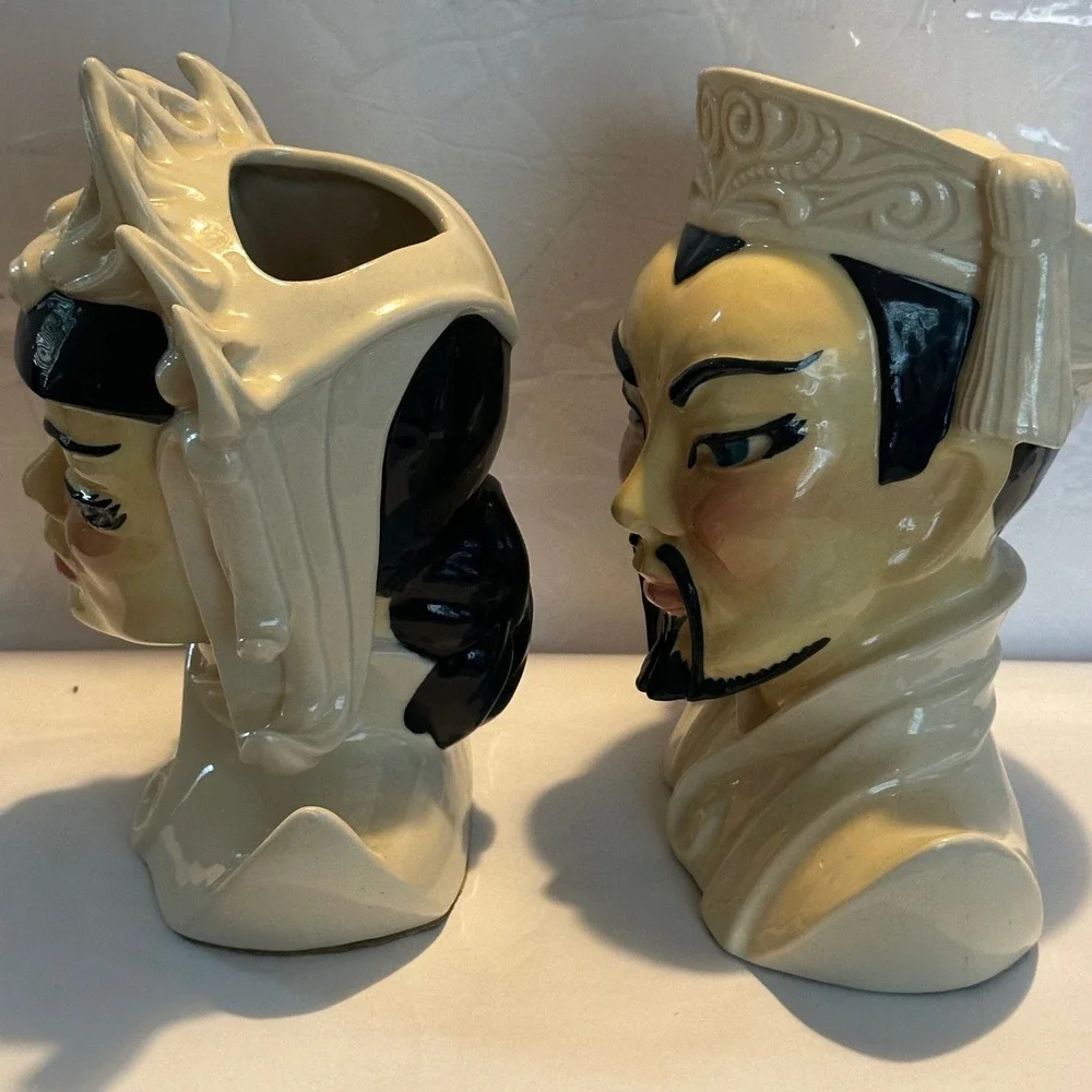 Vintage Ceramic Head Vase Pair Asian Man Woman Bust Planter Mid Century Style
